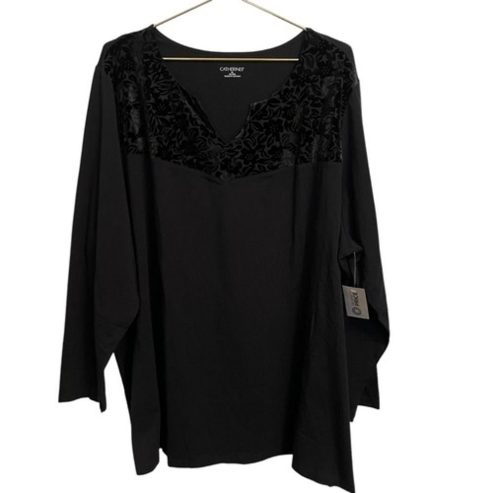 Catherines Black Burnout Velvet Floral Yoke Split Neck Top Plus Size 3X 26/28W